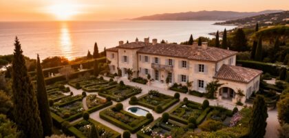 Propriété et jardins au coucher du soleil — photographie d’illustration sans lien avec le dossier évoqué