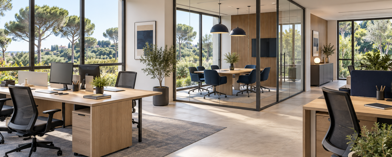 Illustration de bureaux lumineux avec espaces de travail et salle de réunion dans un environnement méditerranéen