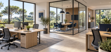 Illustration de bureaux lumineux avec espaces de travail et salle de réunion dans un environnement méditerranéen