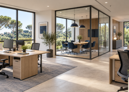 Illustration de bureaux lumineux avec espaces de travail et salle de réunion dans un environnement méditerranéen